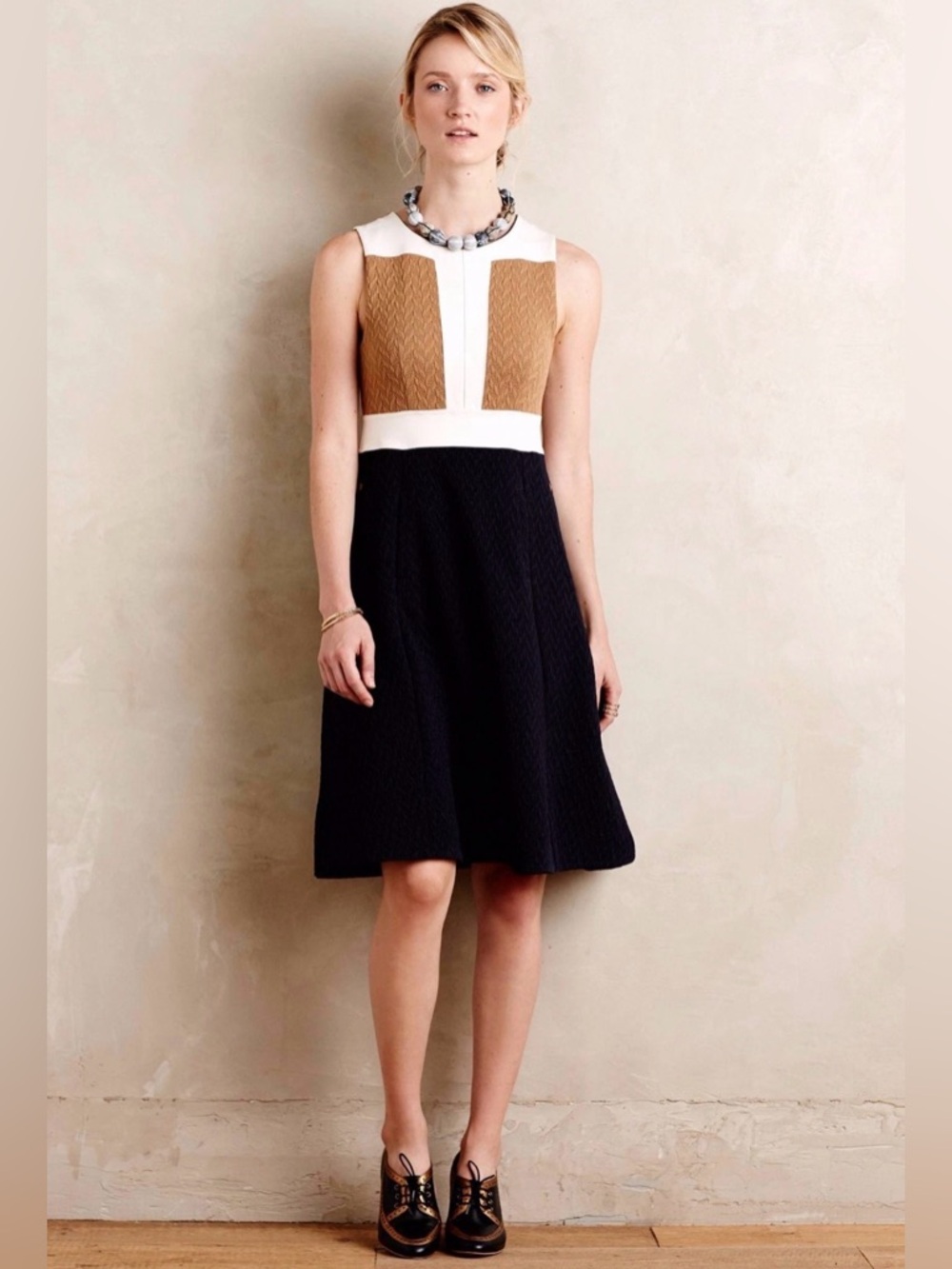 Maeve Sleeveless Colorblock Midi Dress in Camel, White & Navy